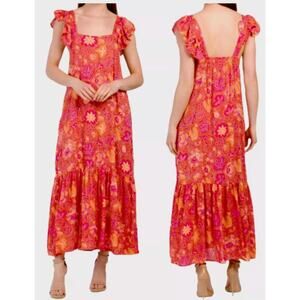 House of Harlow 1960 Size Small Floral Pink Orange Tiered Maxi Dress